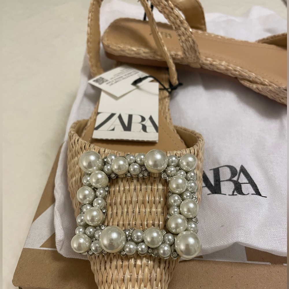 New Zara sling back flats 7 1/2, with pearl embellishment on the toe